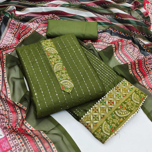 Green PC Cotton Sequence Work Designer Dress Material & Digital Print Dupatta Suit for women!!