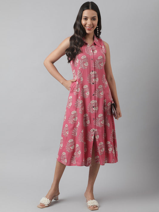 Pink Coloured Pure Cotton Floral Print A-Line Shirt collar Sleeveless Women Party/Daily wear Western Midi Dress!!