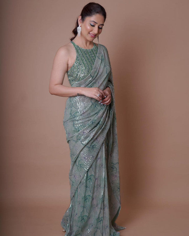 Buy Mehendi Green Sequins Saree With Multicolor 3D Embroidery