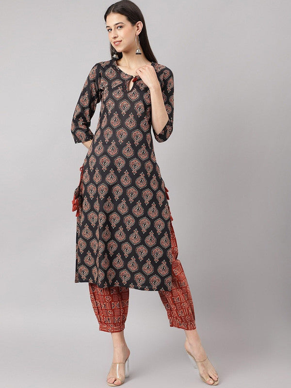 Black & Maroon Coloured Pure Cotton Ethnic Motif Floral Printed Straight Shape Women Designer Party/Daily wear Kurti with Salwar!!