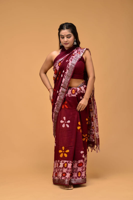 Maroon & Multi Coloured Linen Cotton with Beautiful Hand Block Printed Women Party/Daily wear Designer Linen Cotton Saree with Blouse!!