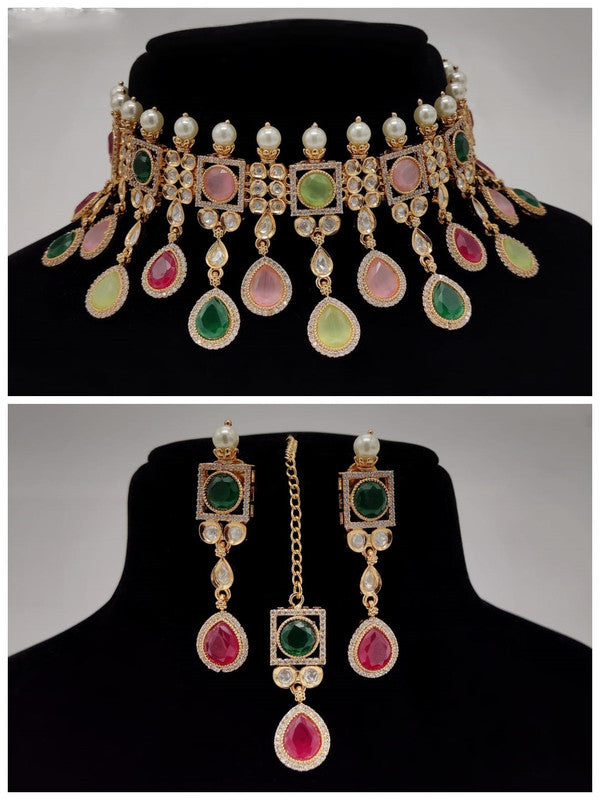 Premium Quality Multi Gold Plating Kundan Jewellery Necklace set with Earrings & Matha Patti!!