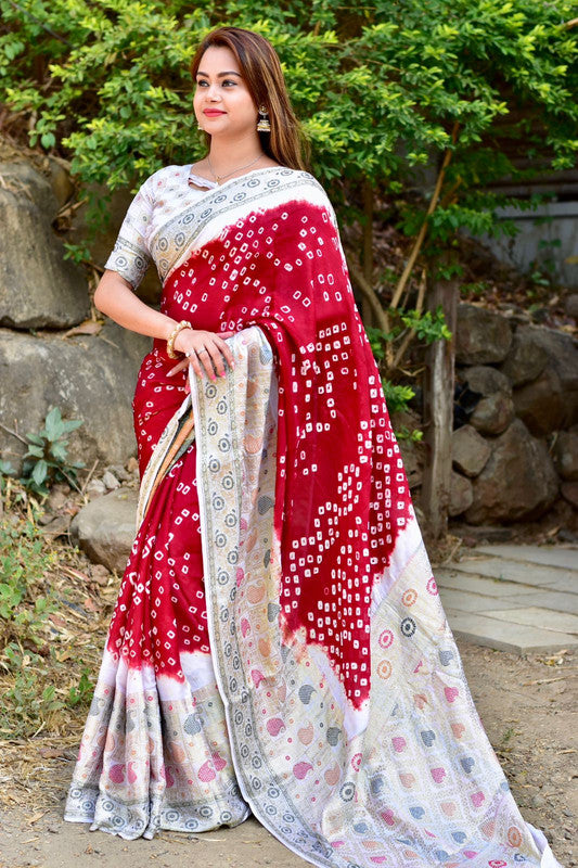 White with Red & Multi Coloured with Minakari & Bandhani Print Women Designer Party wear Kanjivaram Silk Saree with Blouse!!