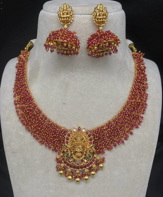 Red & Gold Coloured Beautiful Pure Campo with Pearls Women Lakshmi Designe 1 Gram Gold Plating Necklace Set with Jhumka Earrings!!