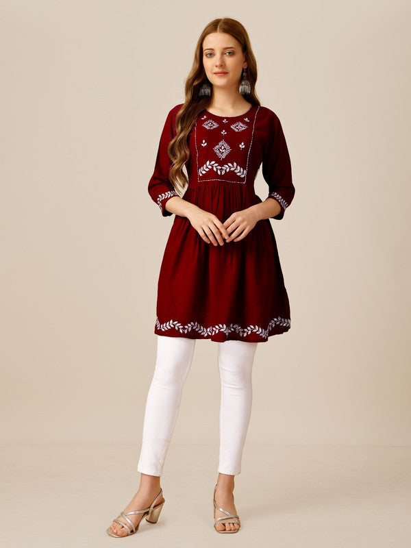 Marron Coloured Premium Rayon with Embroidery & Sequence Work Round Neck 3/4 Sleeves work Women Party/Daily wear Western Top!!