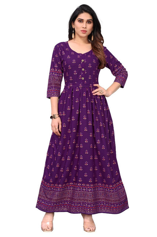 Purple Coloured Heavy Rayon with Foil Gold Printed Round Neck 3/4 Sleeves Women Designer Daily wear Gown Kurti with Belt!!