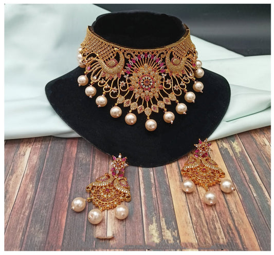 Exclusive Gold & White Coloured Premium Quality Gold Plating American Diamonds Designer Choker Jewellery set with Earrings!!