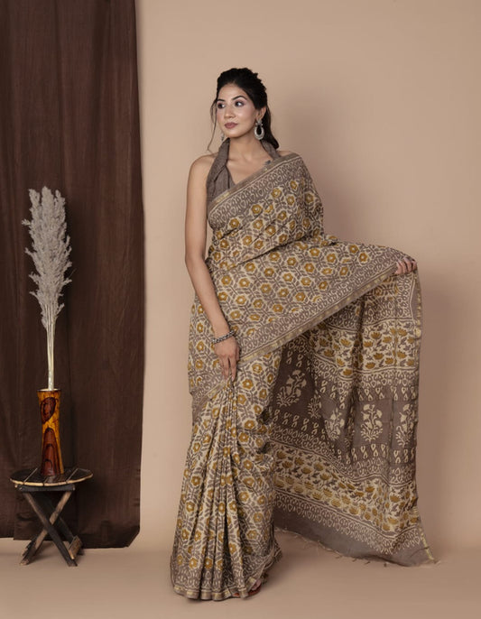 Designer Hand Block Print Chanderi Silk Saree