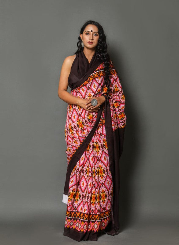 Pink & Brown Coloured Beautiful Hand Block printed Women Daily/Party wear Pure Mul Cotton Saree with Blouse!!