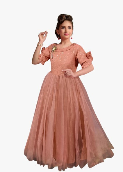 Peach Coloured Rayon & Soft net Sequence & Thread work full flair Gown for Girls!!