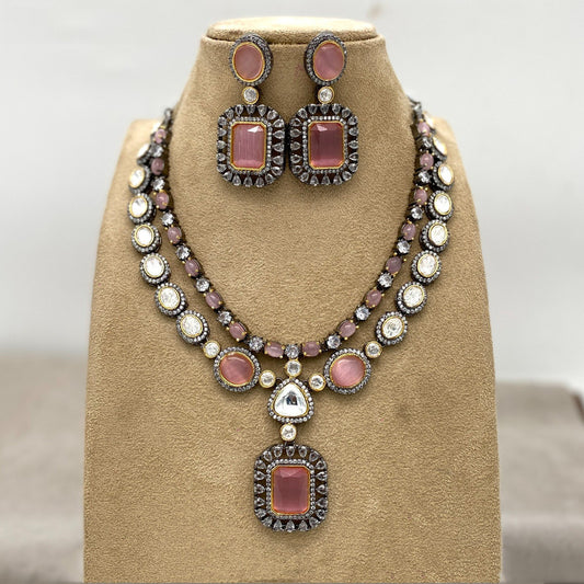 White & Pink Coloured Pure Brass with Real Kundan Women Gold Plated Designer Necklace with Earrings!!