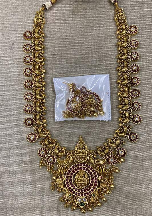 Gold Coloured Pure Brass Real Kundan Gold Plating with Pearls Women Lakshmi & Peacock Design Long set with Jhumka earrings!!