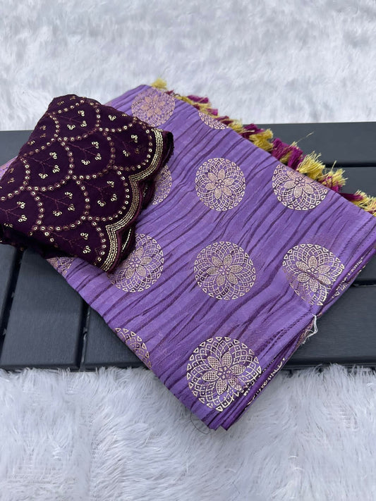 Purple Coloured Premium Georgette with Jacquard Foil Work Women Party wear Designer Georgette Saree with Blouse!!