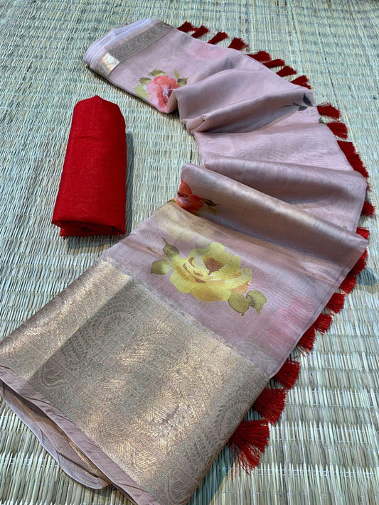 Light Pink & Multi Coloured Pure Organza Silk with Pichwai print with Sequence Chitt Pallu with 5 inch Gold Weaved Border Women Party wear Silk Saree with Blouse!!