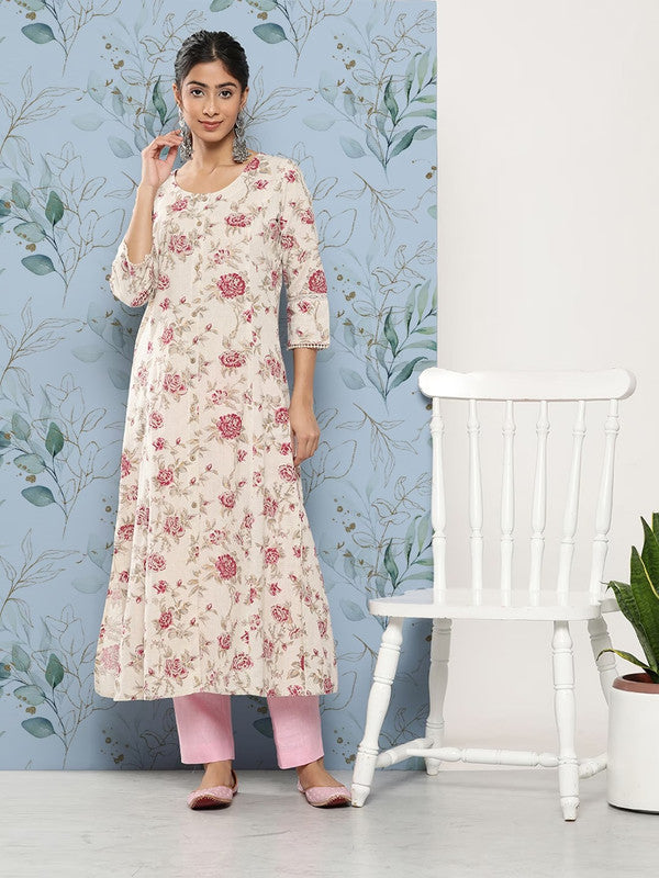 Off white Cotton Floral Printed A-line shape Kurti!!