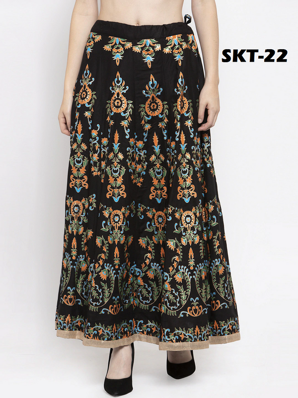 Multi Print Black coloured Rayon Skirt Free Size( 28 to 40 Inch)!!