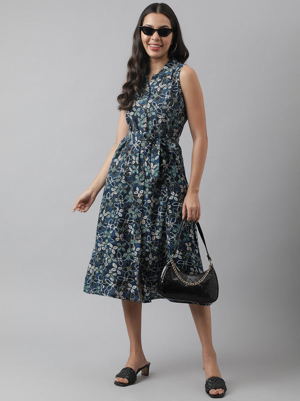 Navy Blue Coloured Pure Cotton Floral Printed Shirt collar Sleeveless Women Party/Daily wear Western Midi Dress!!