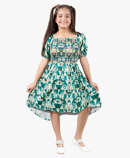 Green Coloured Girls Lycra Digital print Smoking Work Frock!!