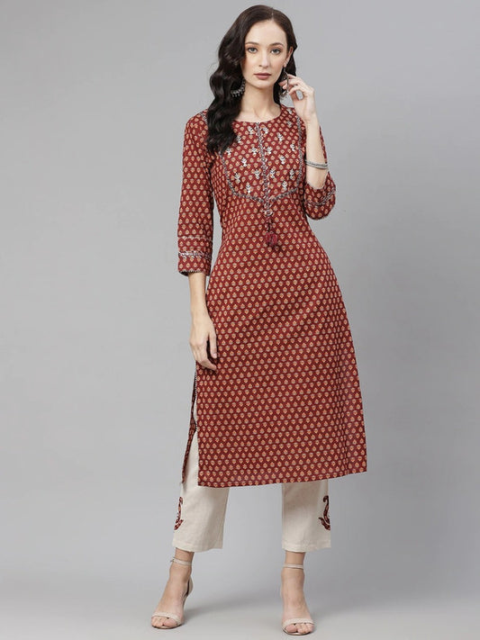 Brown printed Kurta with Trousers