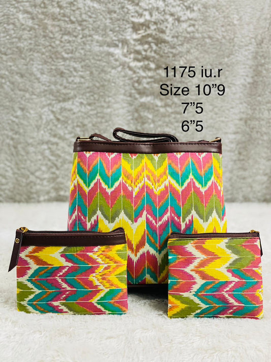 Yellow & Multi Coloured Pure Cotton Ikkat Print Women Sling Bang- 3 PCS Combo( Sling Bag, Big Pouch & Small Pouch )!!