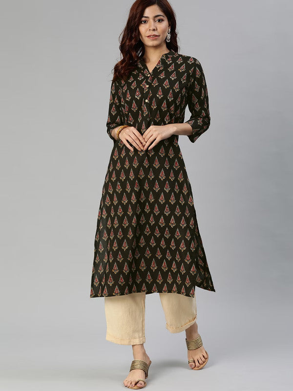 Black & Red Coloured Printed Mandarin collar 3/4 Sleeves Women Designer Party/Daily wear Cotton Straight Shape Kurti!!