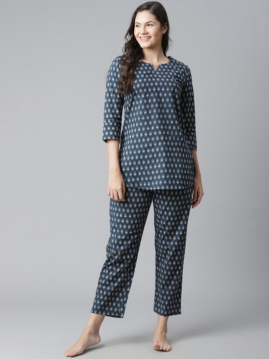 Navy Blue & White Printed Cotton Night suit