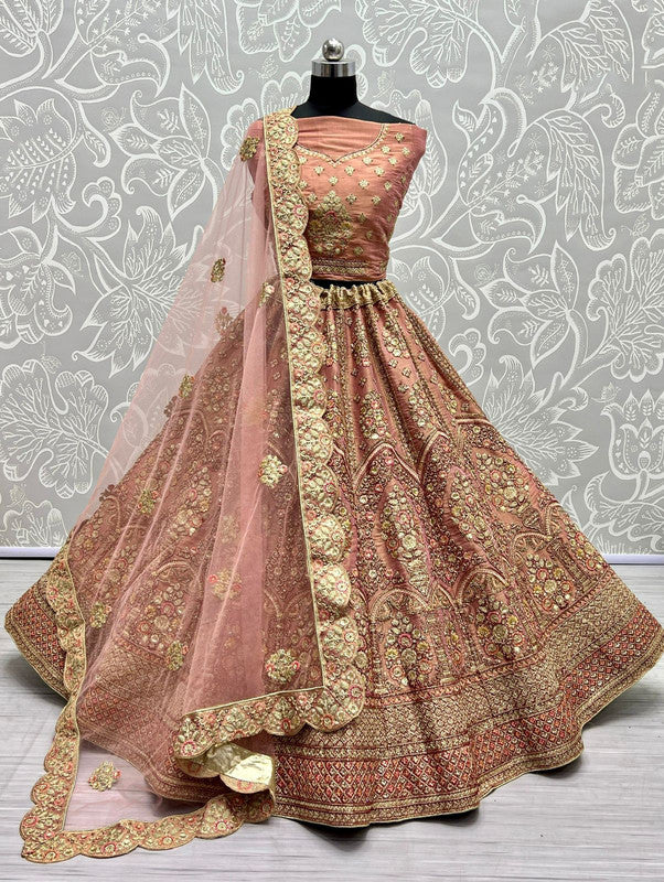 Peach Coloured Bridal Net Dori Embroidery with Zari work and Multi Thread Woman Designer Party wear Bridal Lehenga Choli with Dupatta Set!!