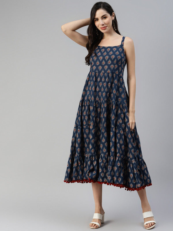 Navy Blue Coloured Pure Cotton Ethnic Motifs A-Line Sleeveless Shoulder straps Women Party/Daily wear Western Midi Dress!!