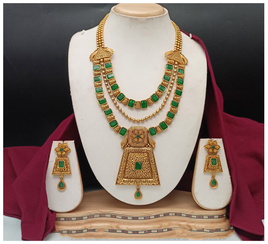 Gold & Green Coloured Pure Brass Real Kundan Gold Plating Women Long Wedding Necklace set with earrings!!