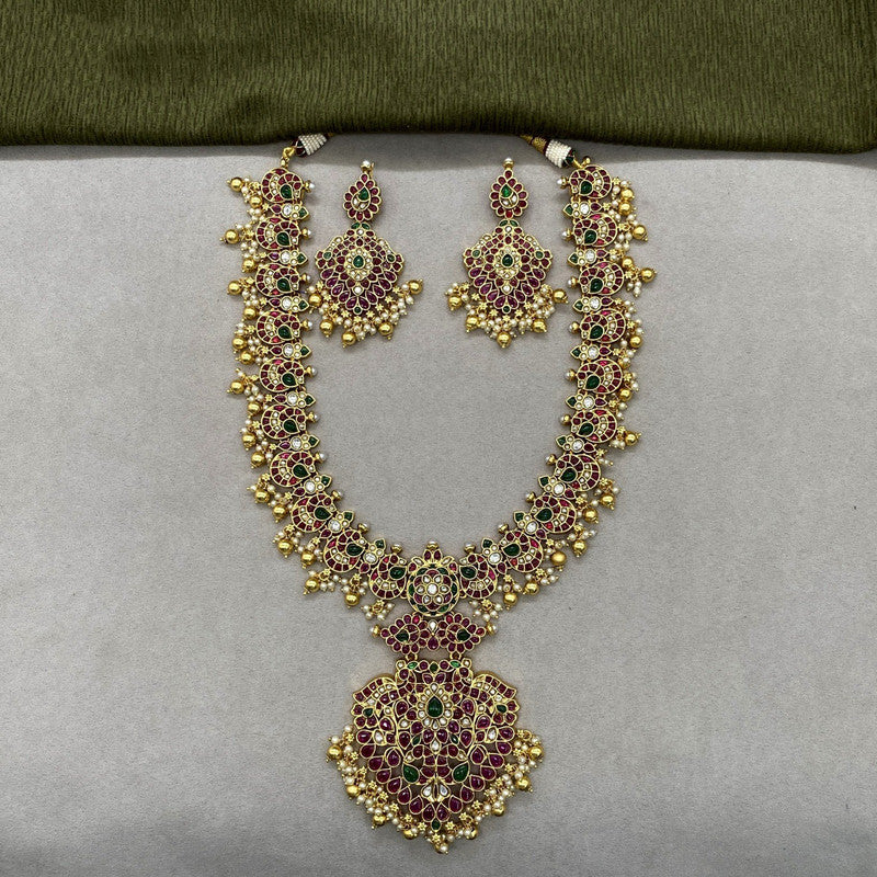 Gold & Multi Coloured Pure Brass Real Kundan Gold Plating with Pearls Women Ruby & Emerald Design Long Necklace set with earrings!!