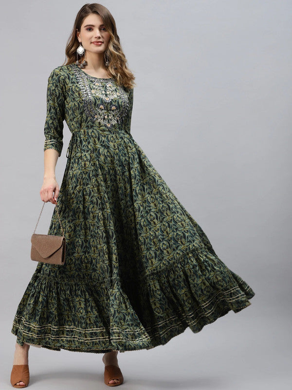 Green Coloured Ethnic Motifs Printed Gotta Patti Round neck 3/4 Sleeves Women Designer Party wear Pure Cotton Anarkali Kurti!!