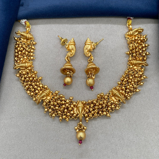 Beautiful Gold Coloured Premium Quality Pure Brass Gold & Rajwadi Plating Ganesha Necklace set with Earrings for Women!!