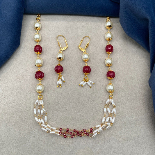 Beautiful Maroon & White Coloured Premium Quality Pure Brass Gold Plating & Pearls Mala with Earrings for Women!!