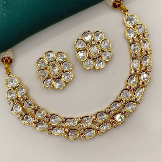 Gold & White Coloured Pure Brass with Real Kundan Women Gold Plated Designer 2Ksyered Necklace With Earings set!!