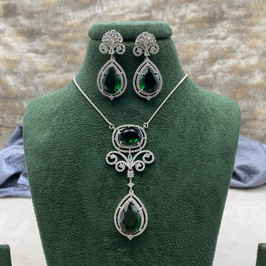 Dark Green & White Coloured Premium American Diamonds Real Kundan Women Pendant Necklace set with earrings!!