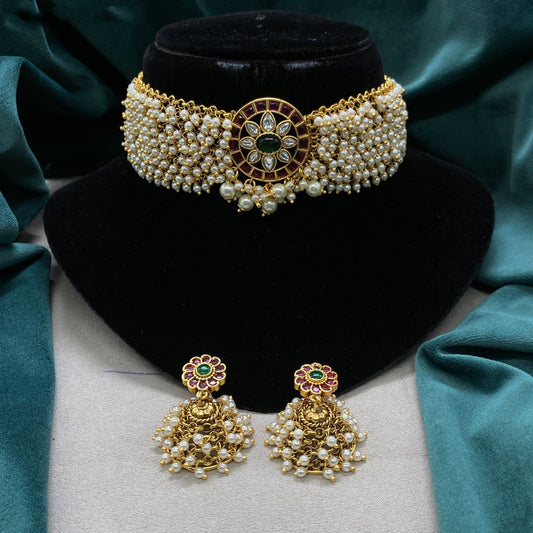 Gold & White Coloured Pure Brass Real Kundan Gold Plating with Pearls Women Temple Design Choker set with earrings!!