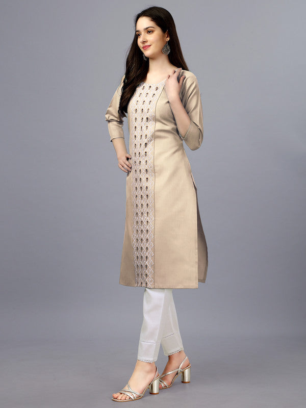 Beige Coloured Pure Cotton with Embroidery work Women Designer Daily wear Kurti!!