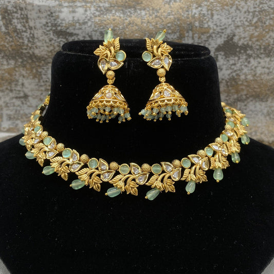 Gold & Pista Green Coloured Pure Brass Real Kundan Gold Plating with Pearls Women Choker set with Jhumka earrings!!