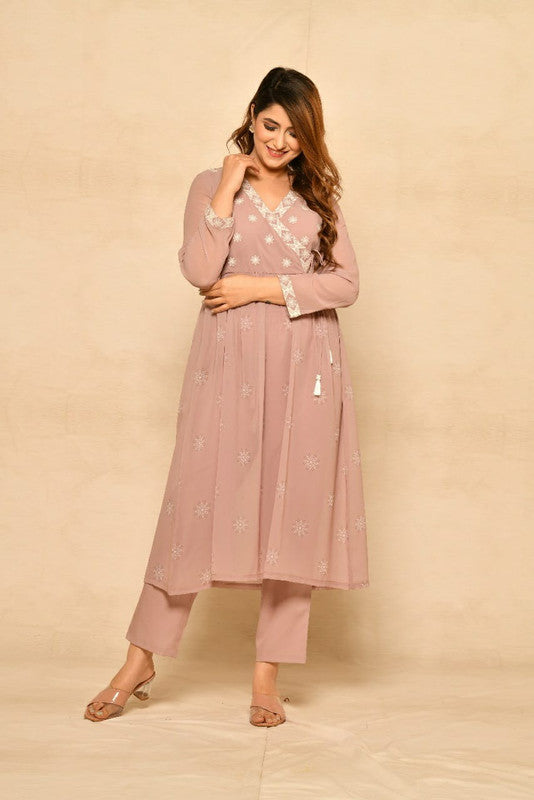 Georgette anarkali embroidered and printed kurti with pants-Roys4053