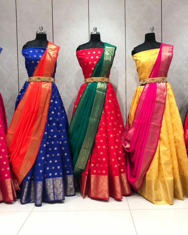 Yellow & Dark Pink Coloured Pure Kanjivaram Silk  with Zari Body and Border with Blouse & Pure Banarasi Dupatta Woman Designer Half Saree Lehenga!!