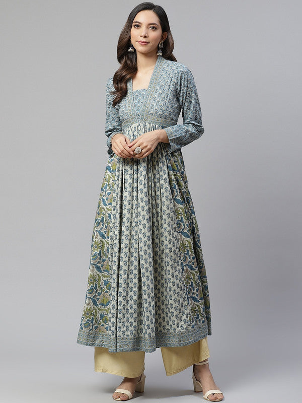 Blue & Beige Coloured Pure Cotton Ethnic Motifs Printed Thread Work Women Designer Party/Daily wear Anarkali Shape Kurti!!