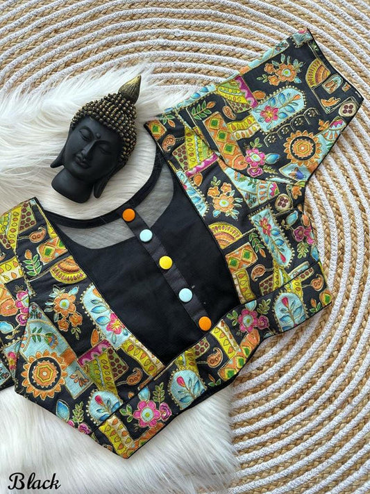 Black & Multi Coloured Premium Malai Silk Multi Work 5 Colour Button Woman Ready made Designer fancy Blouse- Free Size Up to 42 Inch!!