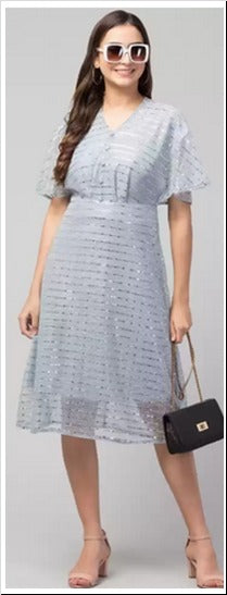 Grey Embellished Work Net Dress