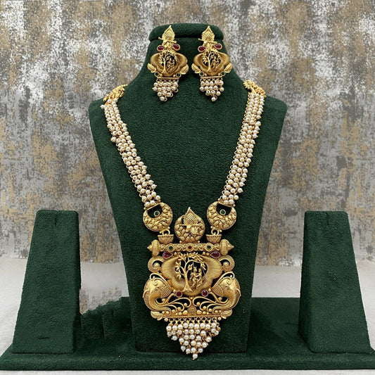 Beautiful Gold & White Coloured Premium Quality Pure Copper Gold & Rajwadi Plating Pearls Long Hara with Earrings for Women!!