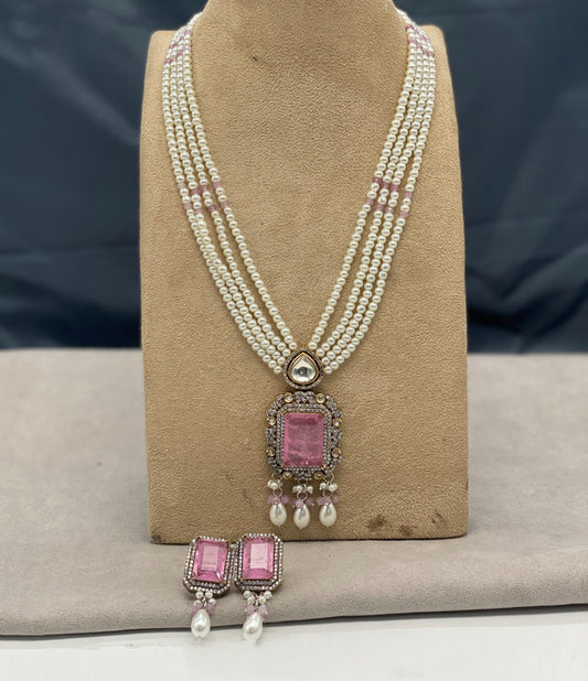 Exclusive Pink & White Coloured Premium Quality Pure Brass with Pearls Real Victorian set with Earrings for Women!!