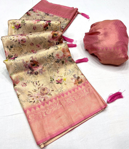 Pink & Multi Coloured Jacquard Handloom Silk with Fancy Latkan Women Party wear Saree with Fancy Blouse!!