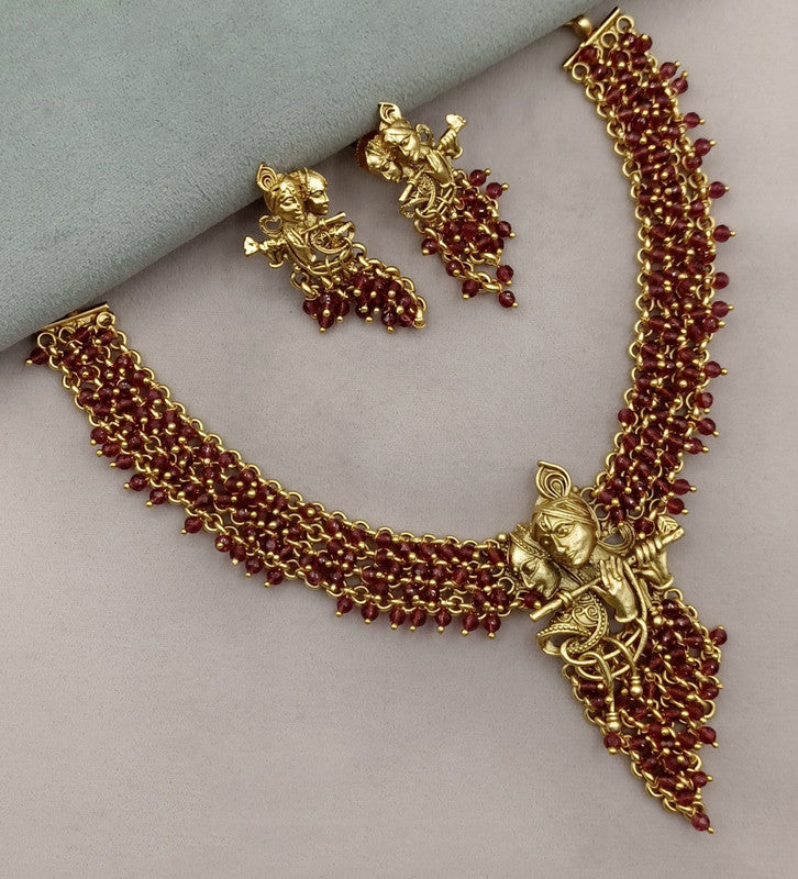 Maroon Coloured Pure Copper Rajwadi Radha Krishna Design with Pearls Women Gold Plating Necklace Set with Earrings!!