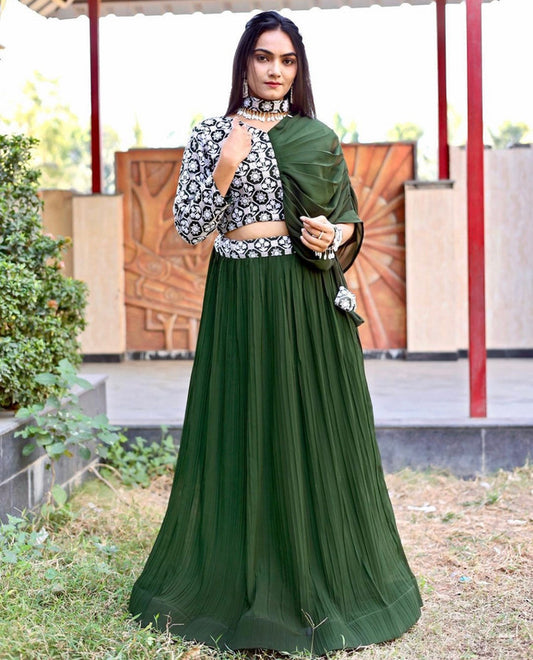 Green Coloured Faux Georgette with Embroidery work Party wear Crop Top with Lehenga & Accessories!!