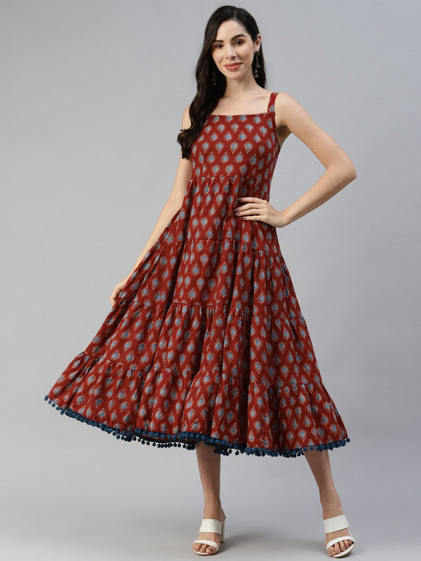 Maroon & Navy Blue Coloured Pure Cotton Ethnic Motifs A-Line Sleeveless Women Party/Daily wear Western Midi Dress!!