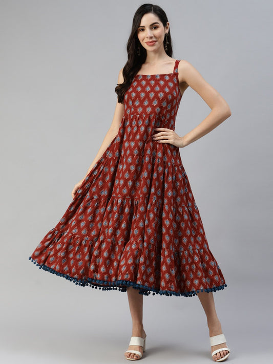 Maroon & Navy Blue Coloured Pure Cotton Ethnic Motifs A-Line Sleeveless Women Party/Daily wear Western Midi Dress!!